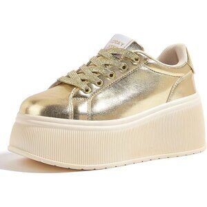Lucky Step Women Gold Platform Low Top Classic Wedge Retro Canvas Sneakers